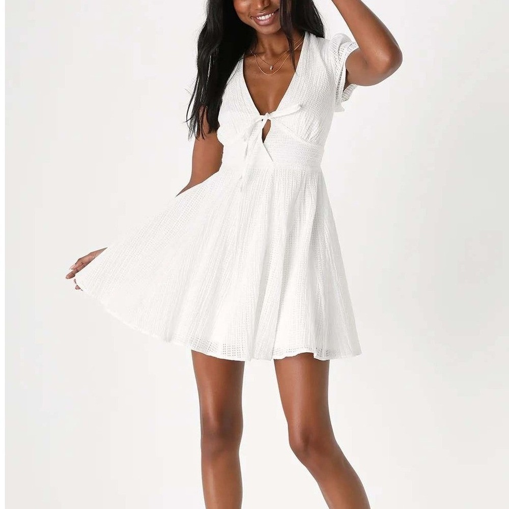 Lulus Seersucker Forever Precious Mini Skater Dress Size L Flowy Bridal Summer